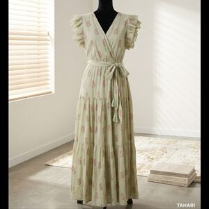 Floral Sage Maxi Dress with Ruffle Sleeves